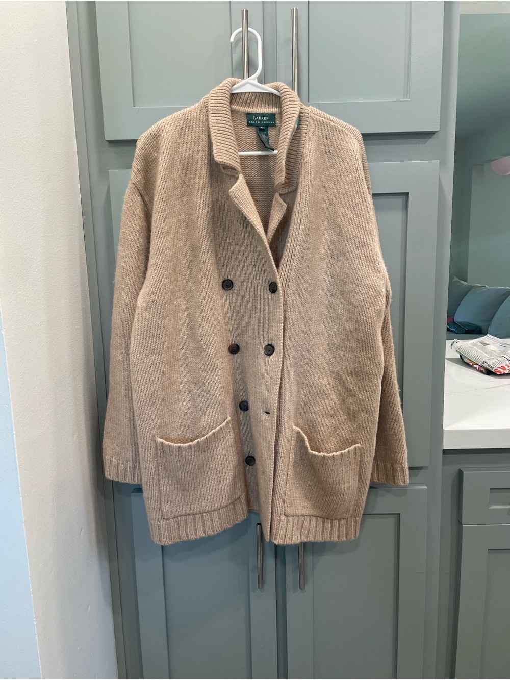 Ralph Lauren Camel hair  Beige Ribbed Knit Shawl-Collar Cardigan